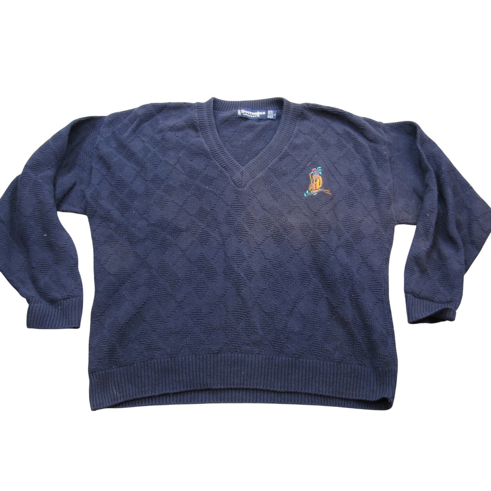 Vintage Scottish Isle Bernette Mens Navy Blue Cotton Golf V-Neck‎ Sweater Large